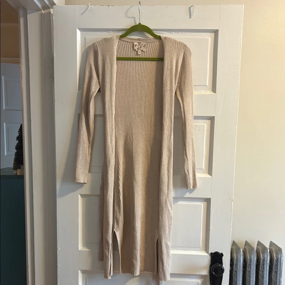 Beige Longline Ribbed Cardigan - Picture 1 of 3